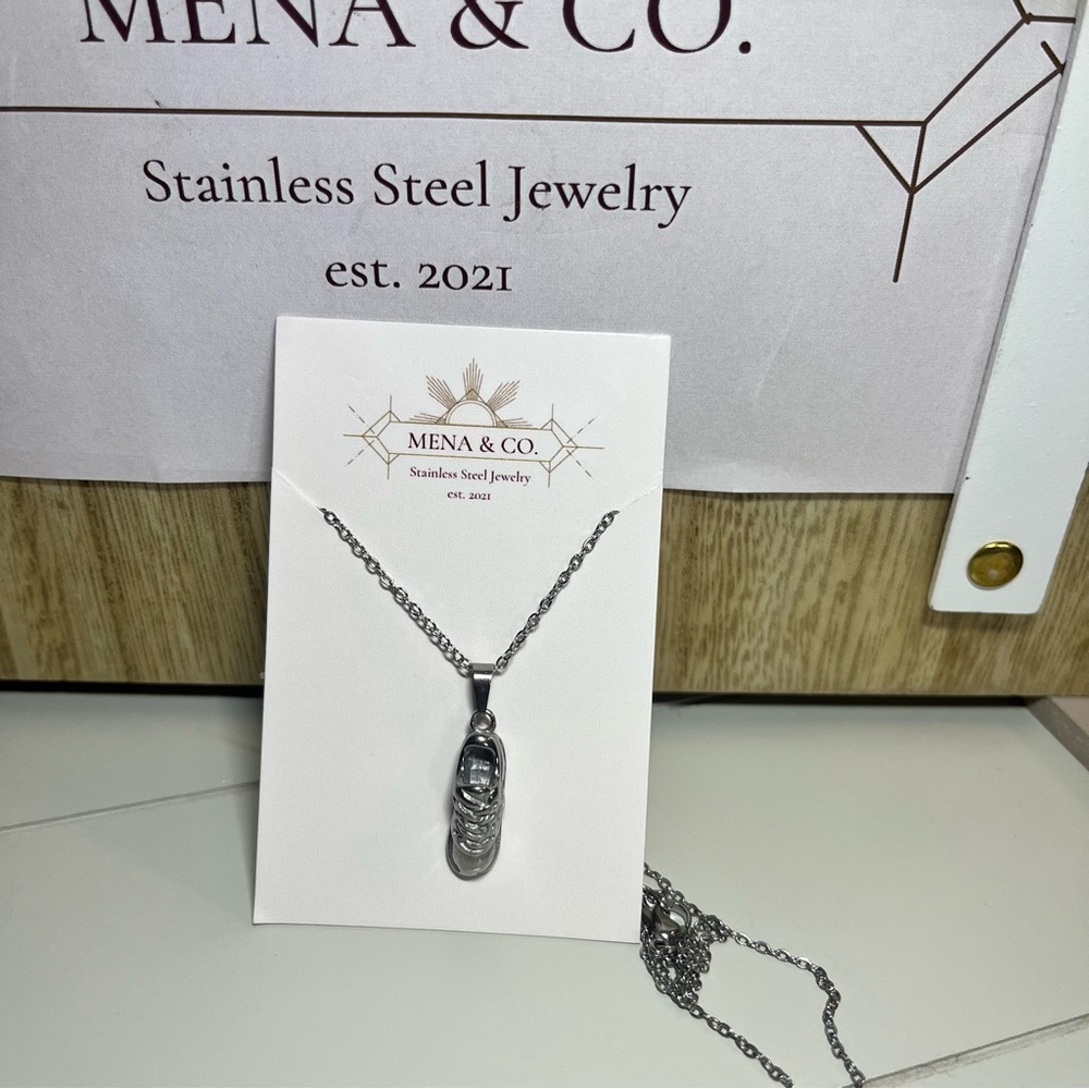 Silver stainless steel Soccer Sneaker Pendant Necklace